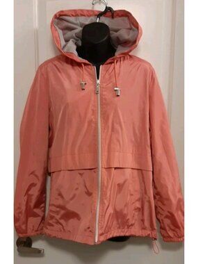 Vince Camuto Womans Pink Wind Breaker Rain Jacket Size Medium Hooded Pockets Zip